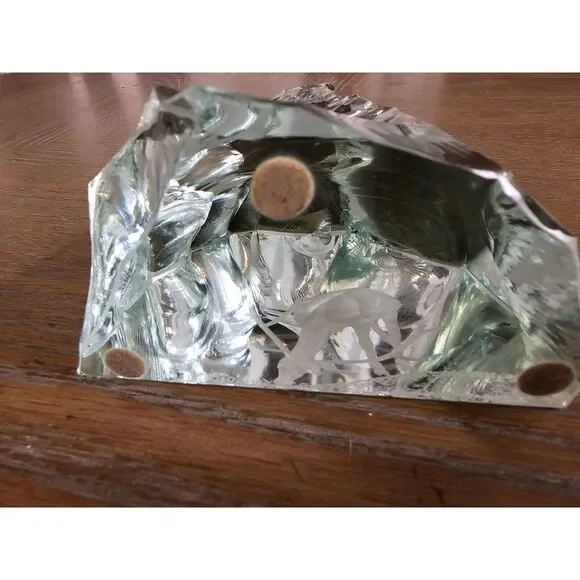 Vicke Lindstrand For Kosta Boda Blown Glass Block Blue Green Paperweight‎ Deer - Picture 6 of 16